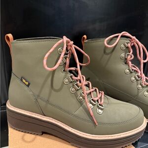 Teva Women's Lace-Up Boots in Olive with Pink Laces
